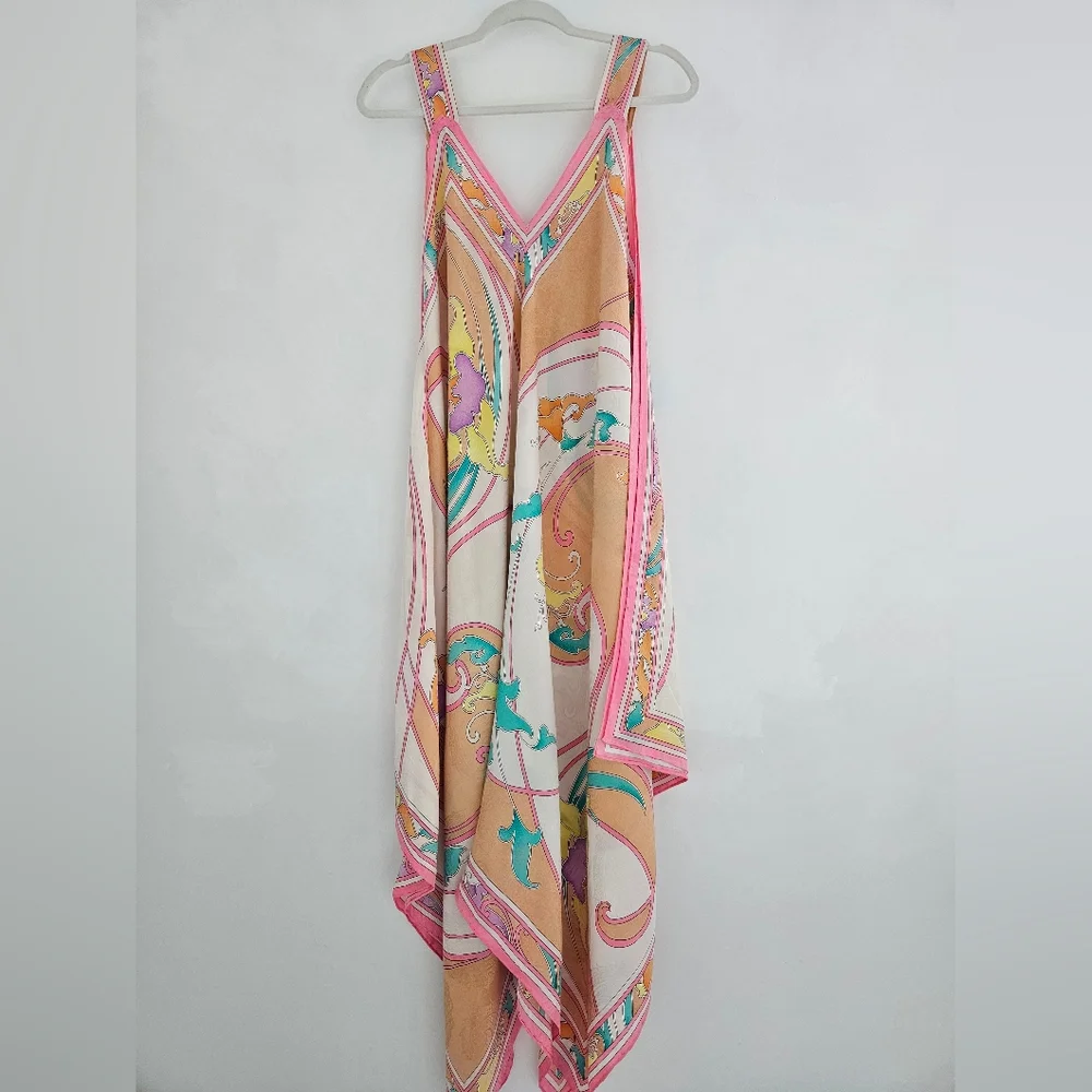 BRIJO Vintage Pastel Rolled Jacquard Silk Hankerchief V Tank Maxi Dress - Picture 5 of 16